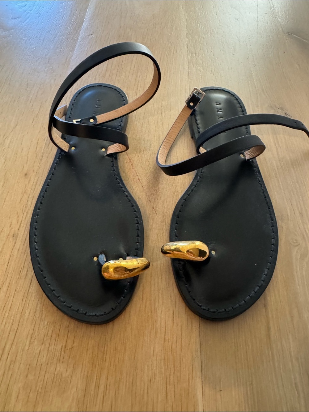 Black Leather Toe-Ring Sandals with Gold Accent